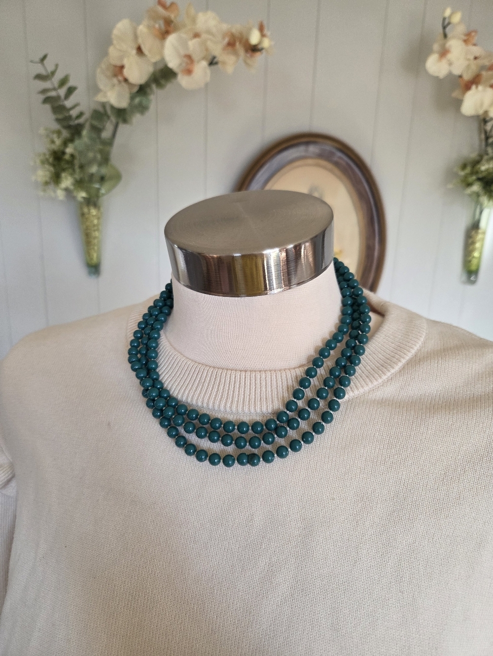 Vintage Teal Beaded Triple-Strand Necklace - Women Jewelry